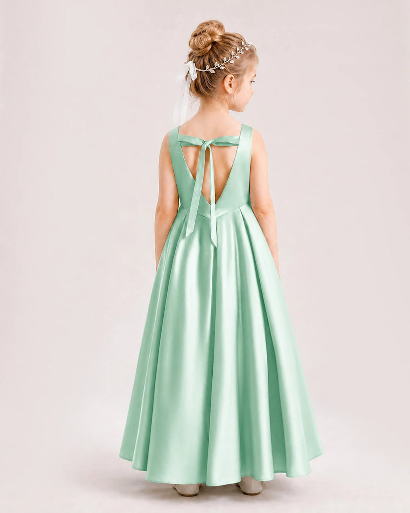 Mint Green Satin A-line Flower Girl Dress Back View