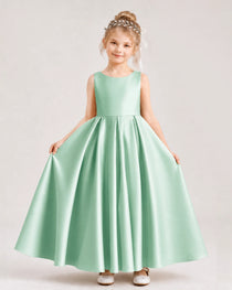 Mint Green Flower Girl Dress Deep V-Back Tie Detail Pleated Satin A-Line Floor-Length Gown Front Full View