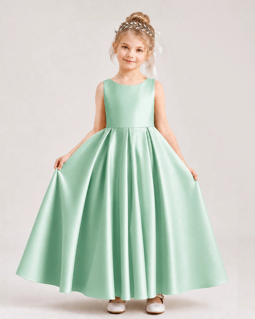 Mint Green Satin A-line Flower Girl Dress Front View