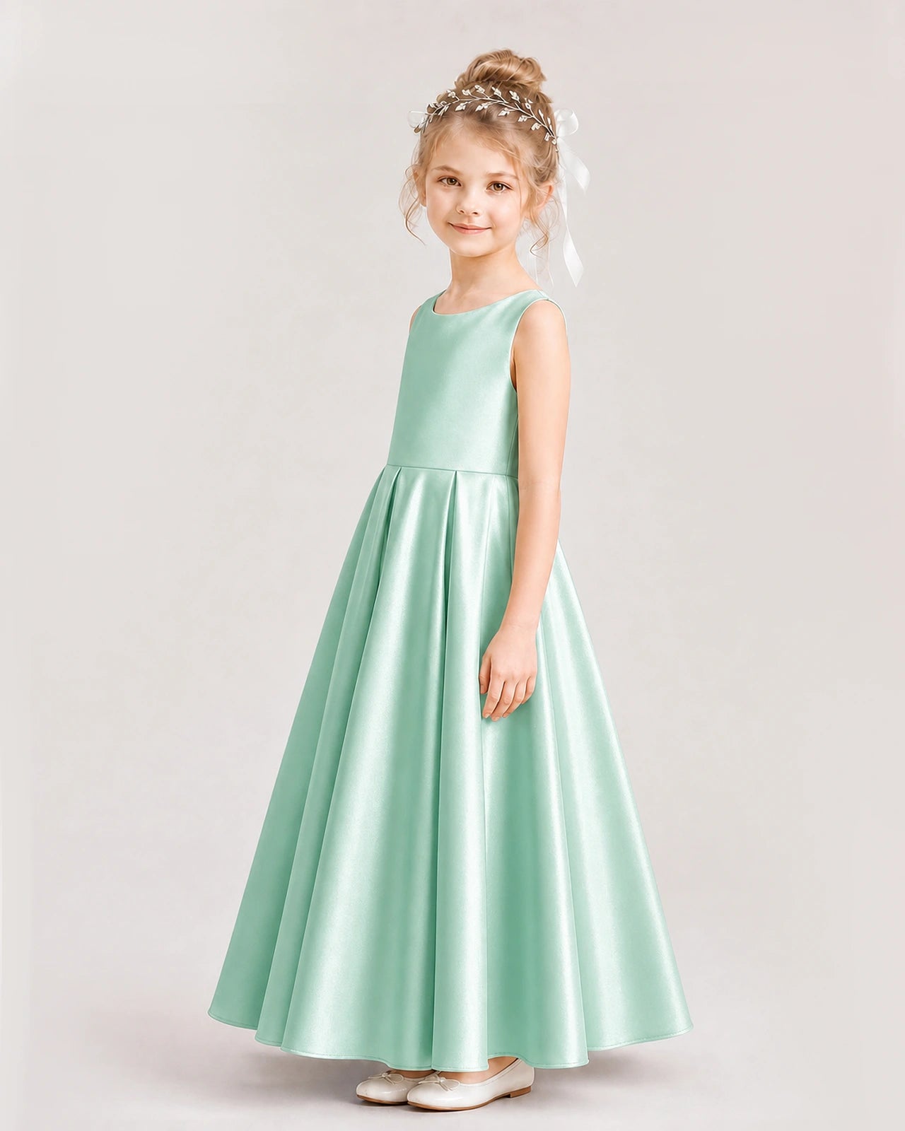 Mint Green Flower Girl Dress Deep V-Back Tie Detail Pleated Satin A-Line Floor-Length Gown Side Full View