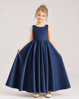 Navy Blue Satin A-line Flower Girl Dress Front View