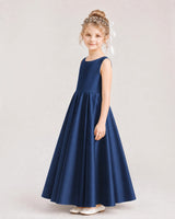 Navy Blue Satin A-line Flower Girl Dress Side View