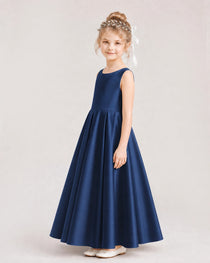 Navy Blue Flower Girl Dress Deep V-Back Tie Detail Pleated Satin A-Line Floor-Length Gown Side Full View