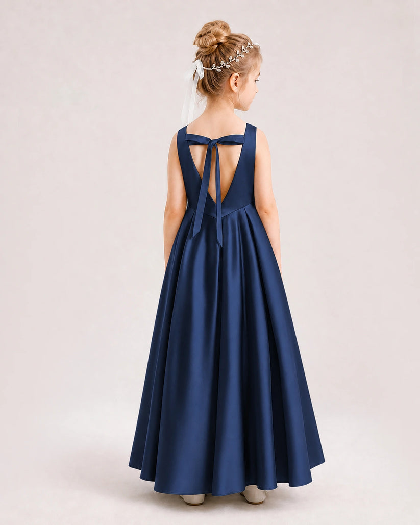 Navy Blue Satin A-line Flower Girl Dress Back View