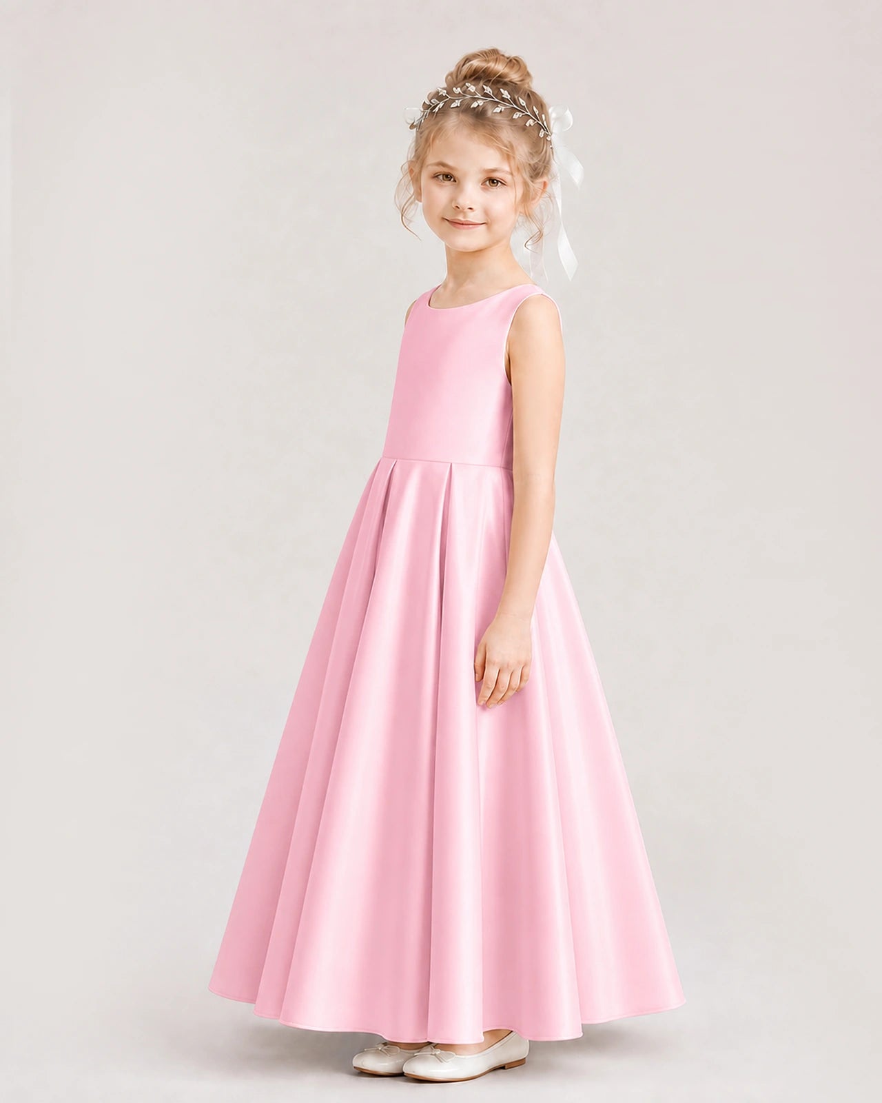Pink Flower Girl Dress Deep V-Back Tie Detail Pleated Satin A-Line Floor-Length Gown Side Full View