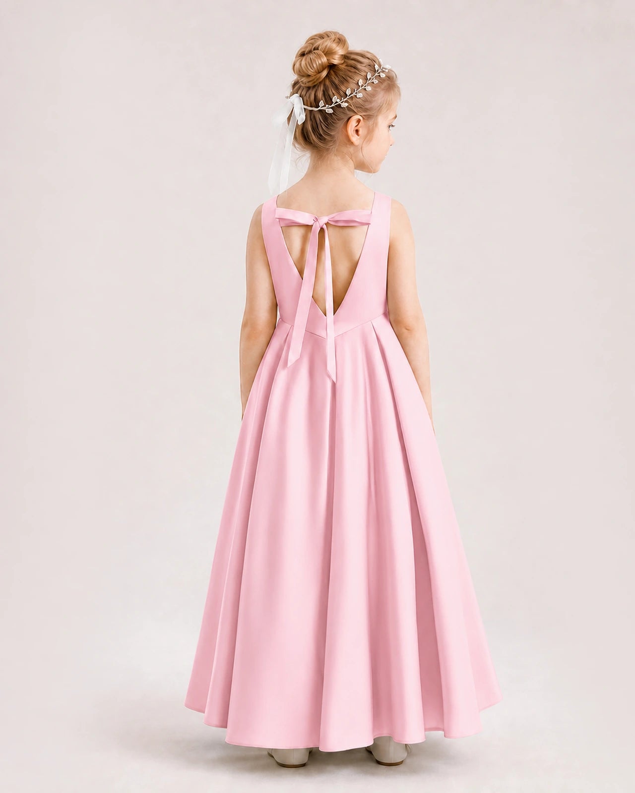 Pink Flower Girl Dress Deep V-Back Tie Detail Pleated Satin A-Line Floor-Length Gown Back Full View