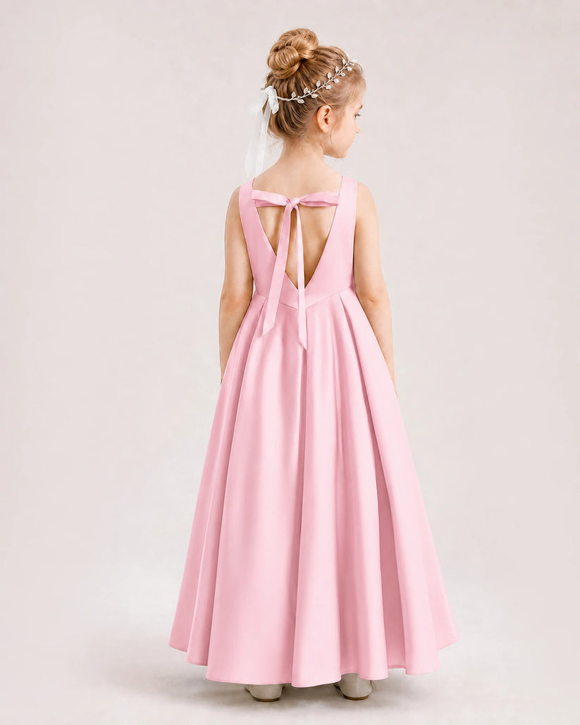Pink Satin A-line Flower Girl Dress Back View