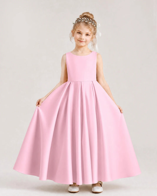 Pink Satin A-line Flower Girl Dress Front View