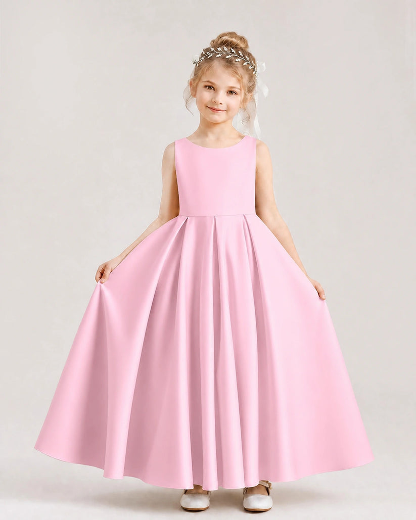Pink Satin A-line Flower Girl Dress Front View
