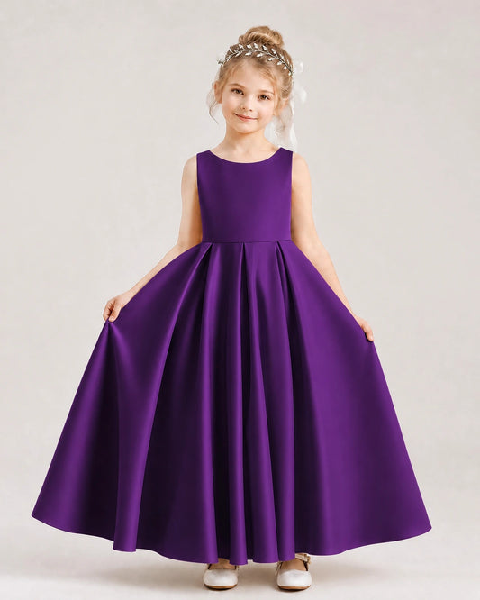 Purple Satin A-line Flower Girl Dress Front View