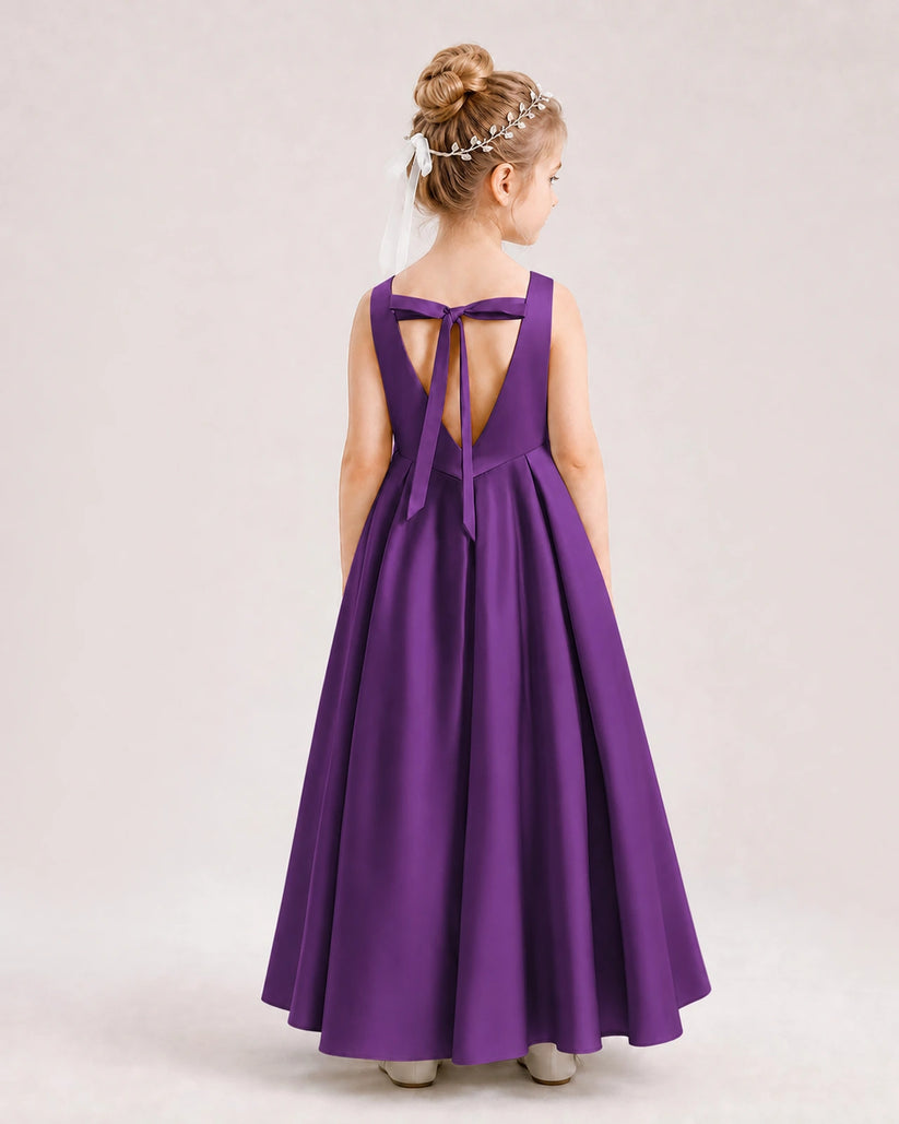 Purple Satin A-line Flower Girl Dress Back View