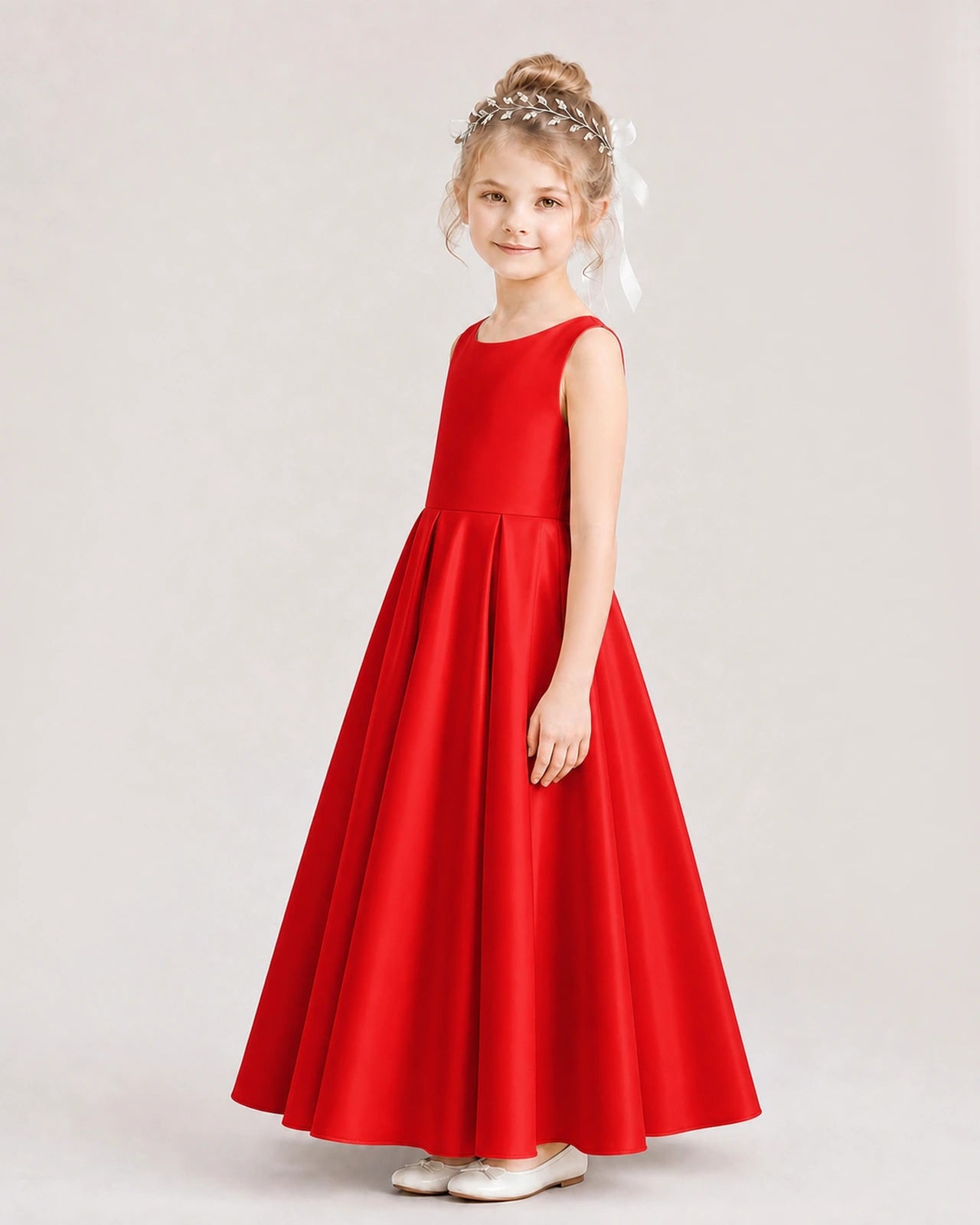 Red Flower Girl Dress Deep V-Back Tie Detail Pleated Satin A-Line Floor-Length Gown Side Full View