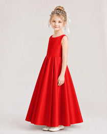 Red Flower Girl Dress Deep V-Back Tie Detail Pleated Satin A-Line Floor-Length Gown Side Full View