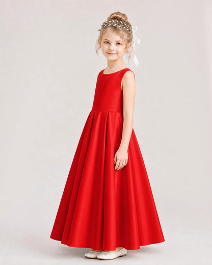 Red Flower Girl Dress Deep V-Back Tie Detail Pleated Satin A-Line Floor-Length Gown Side Full View