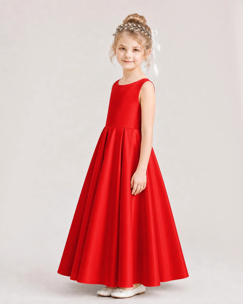 Red Satin A-line Flower Girl Dress Side View
