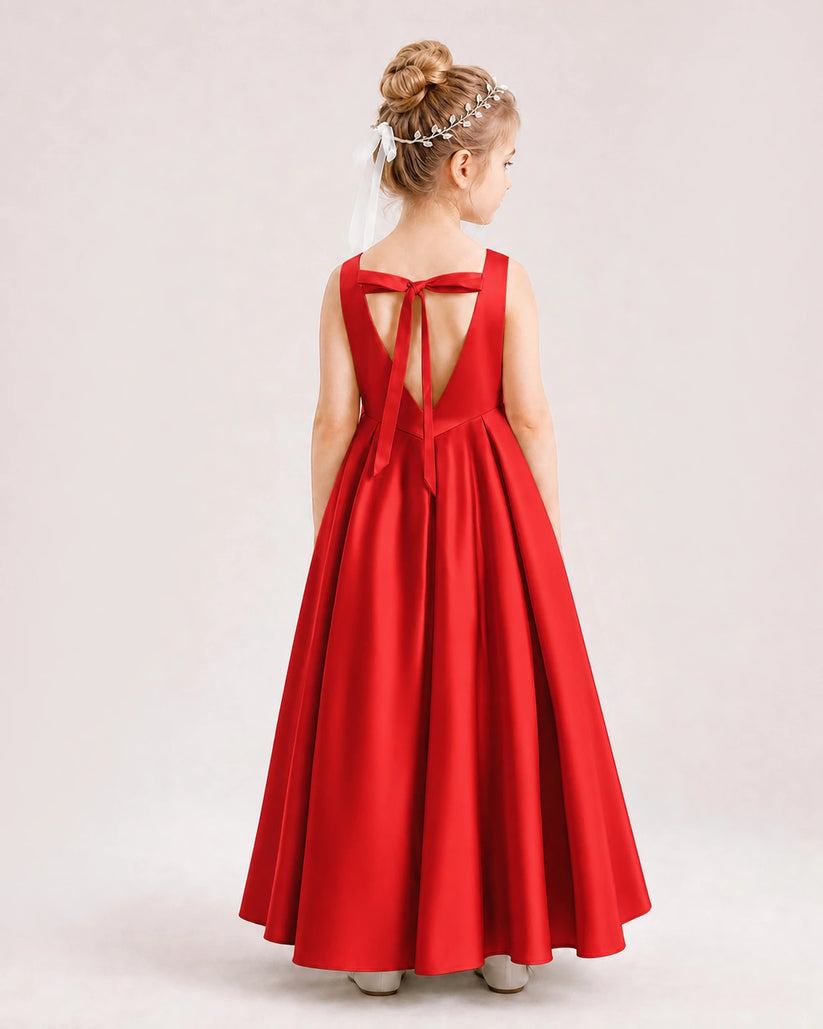 Red Satin A-line Flower Girl Dress Back View