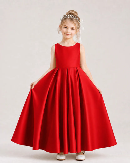 Red Flower Girl Dress Deep V-Back Tie Detail Pleated Satin A-Line Floor-Length Gown Front Full View