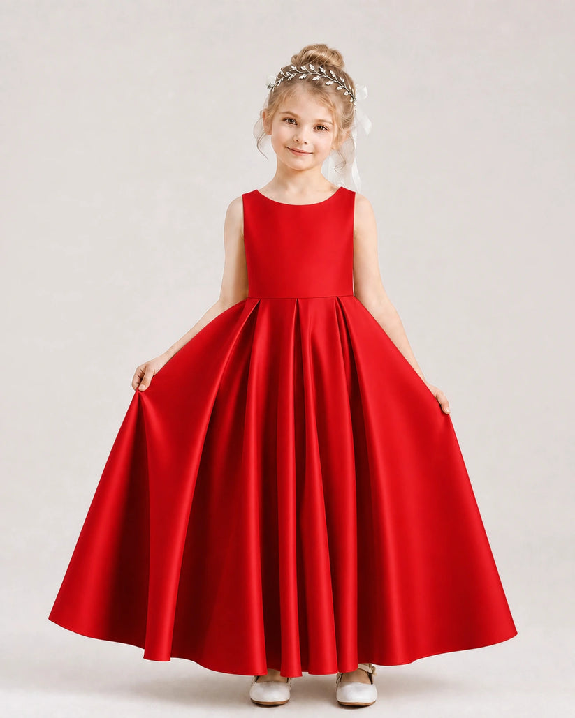 Red Satin A-line Flower Girl Dress Front View