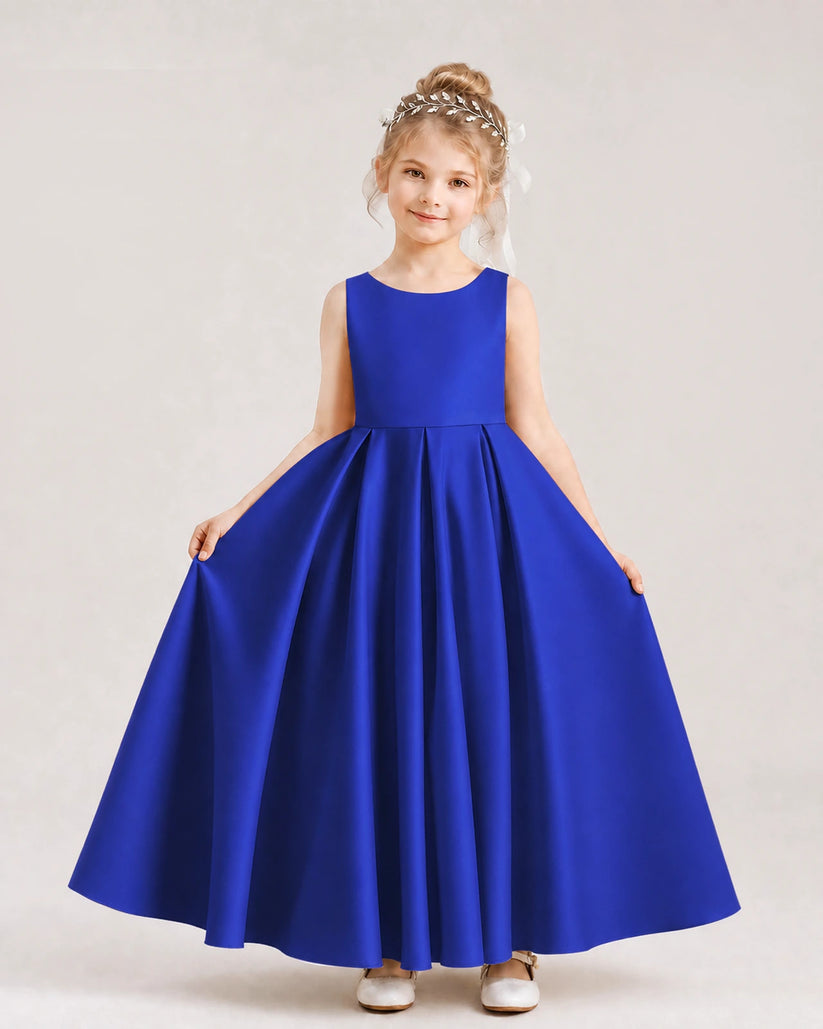 Royal Blue Satin A-line Flower Girl Dress Front View
