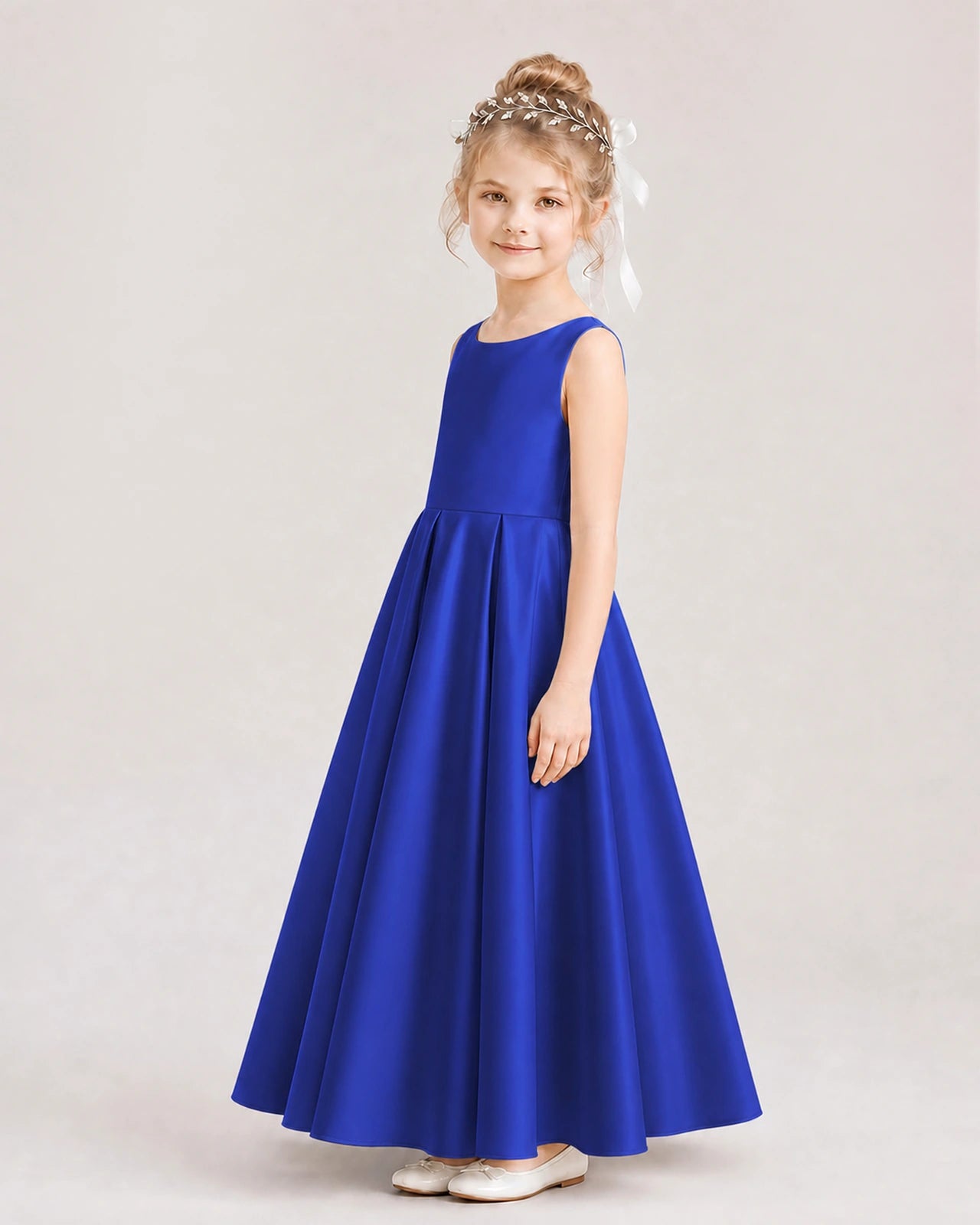 Royal Blue Flower Girl Dress Deep V-Back Tie Detail Pleated Satin A-Line Floor-Length Gown Side Full View
