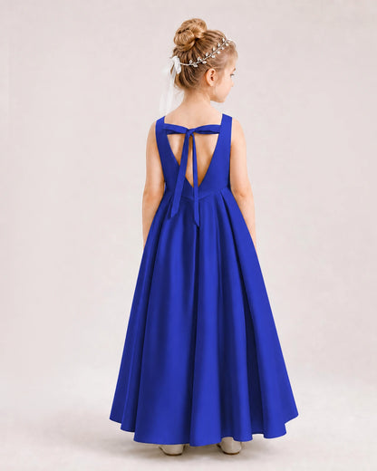 Royal Blue Flower Girl Dress Deep V-Back Tie Detail Pleated Satin A-Line Floor-Length Gown Back Full View