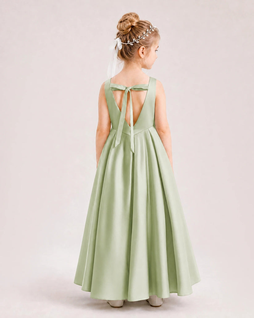 Sage Green Satin A-line Flower Girl Dress Back View