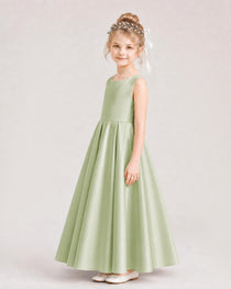 Sage Green Flower Girl Dress Deep V-Back Tie Detail Pleated Satin A-Line Floor-Length Gown Side Full View