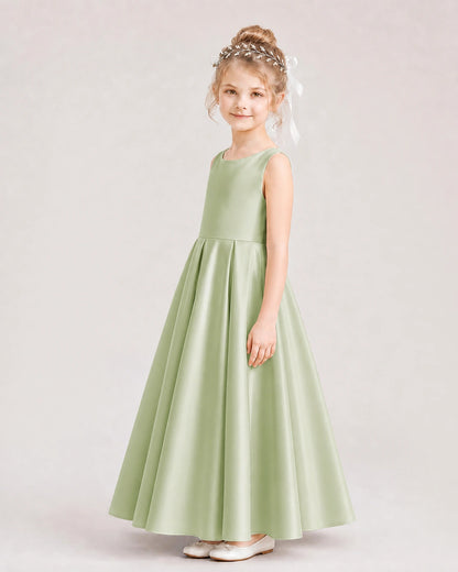 Sage Green Flower Girl Dress Deep V-Back Tie Detail Pleated Satin A-Line Floor-Length Gown Side Full View