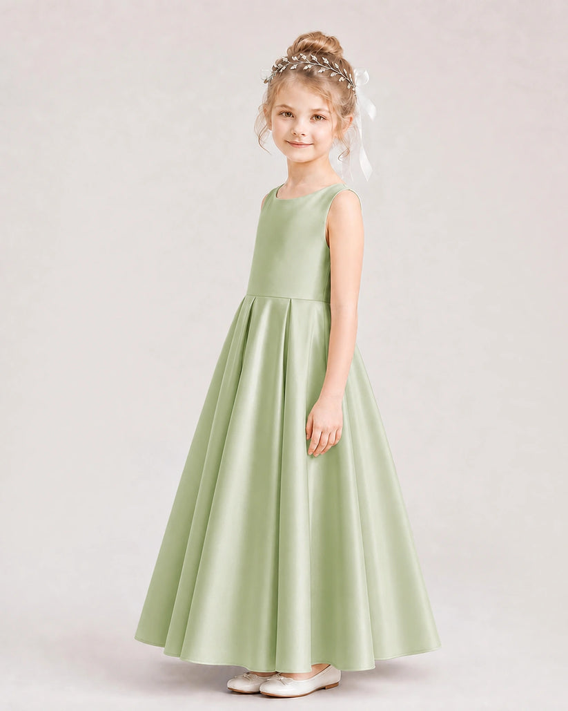Sage Green Satin A-line Flower Girl Dress Side View