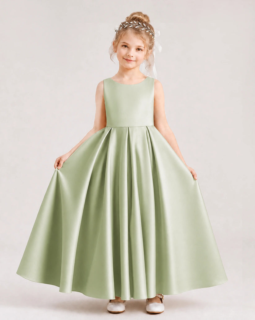 Sage Green Satin A-line Flower Girl Dress Front View