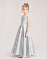 Silver Satin A-line Flower Girl Dress Side View