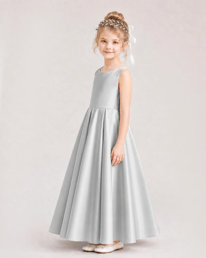 Silver Flower Girl Dress Deep V-Back Tie Detail Pleated Satin A-Line Floor-Length Gown Side Full View