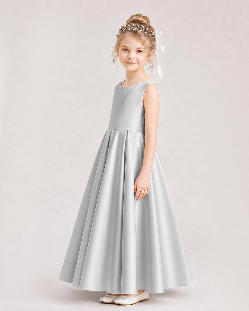 Silver Satin A-line Flower Girl Dress Side View