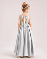 Silver Satin A-line Flower Girl Dress Back View