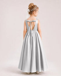 Silver Flower Girl Dress Deep V-Back Tie Detail Pleated Satin A-Line Floor-Length Gown Back Full View