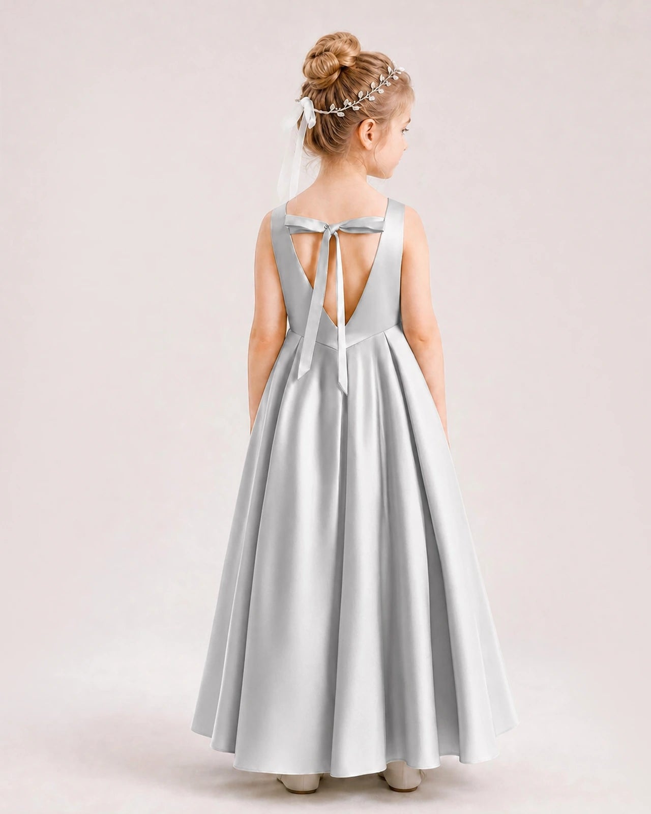 Silver Flower Girl Dress Deep V-Back Tie Detail Pleated Satin A-Line Floor-Length Gown Back Full View