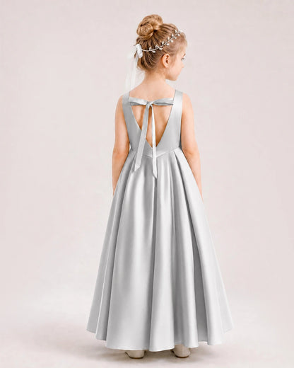 Silver Flower Girl Dress Deep V-Back Tie Detail Pleated Satin A-Line Floor-Length Gown Back Full View