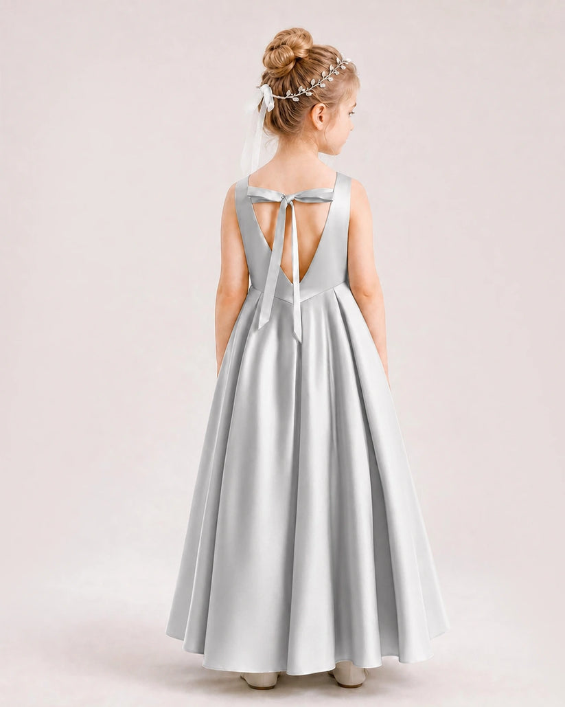 Silver Satin A-line Flower Girl Dress Back View