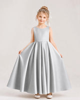 Silver Satin A-line Flower Girl Dress Front View