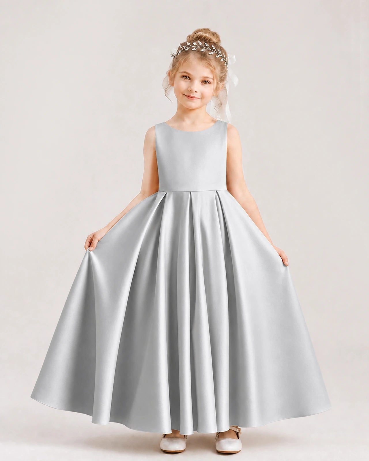 Silver Flower Girl Dress Deep V-Back Tie Detail Pleated Satin A-Line Floor-Length Gown Front Full View