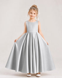 Silver Flower Girl Dress Deep V-Back Tie Detail Pleated Satin A-Line Floor-Length Gown Front Full View