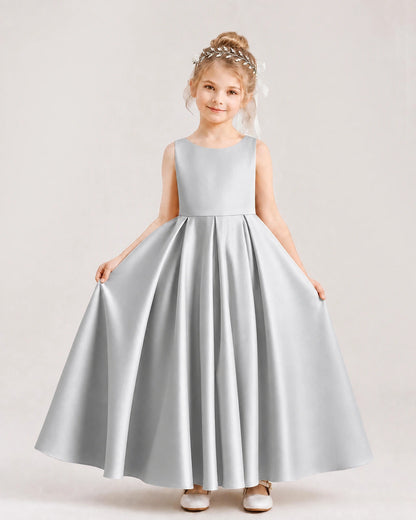 Silver Flower Girl Dress Deep V-Back Tie Detail Pleated Satin A-Line Floor-Length Gown Front Full View