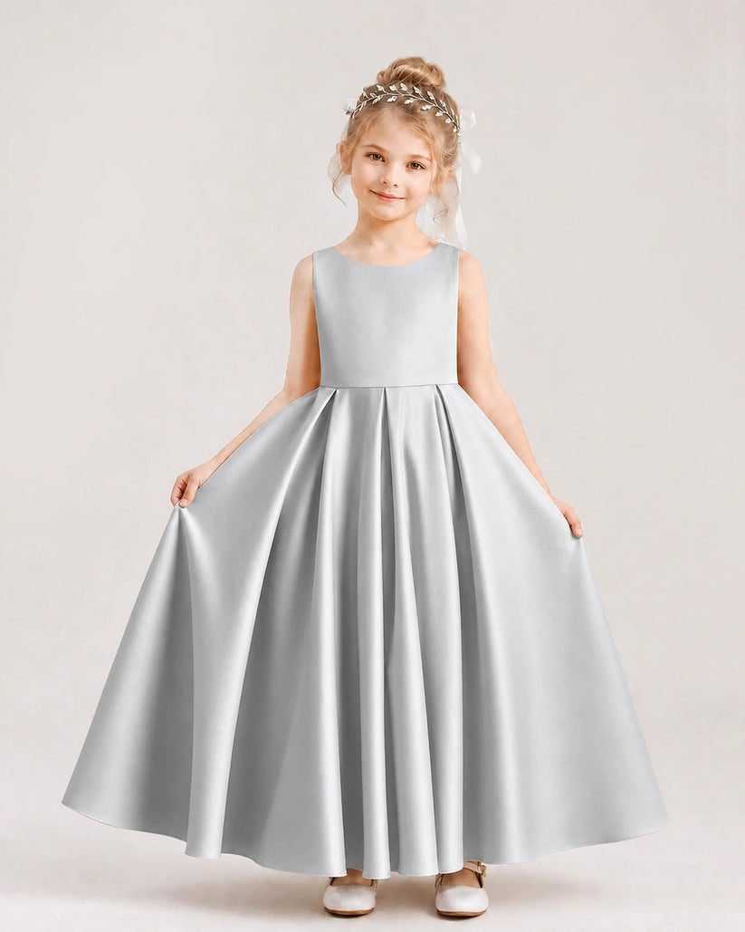 Silver Satin A-line Flower Girl Dress Front View