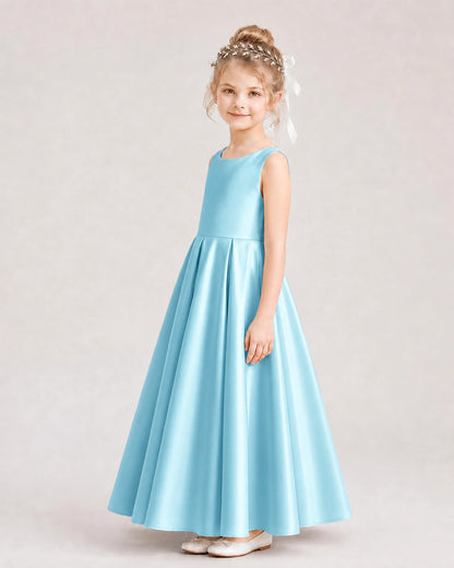 Sky Blue Flower Girl Dress Deep V-Back Tie Detail Pleated Satin A-Line Floor-Length Gown Side Full View