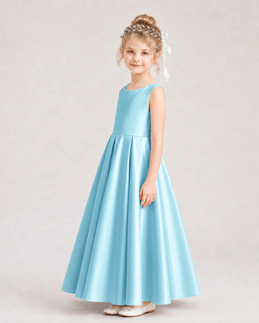 Sky Blue Satin A-line Flower Girl Dress Side View
