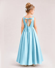 Sky Blue Flower Girl Dress Deep V-Back Tie Detail Pleated Satin A-Line Floor-Length Gown Back Full View