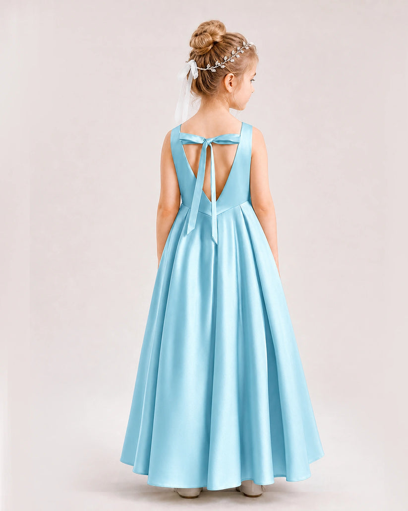 Sky Blue Satin A-line Flower Girl Dress Back View