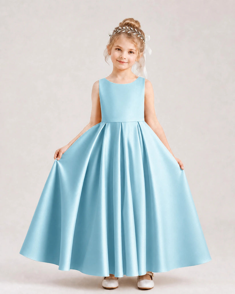 Sky Blue Satin A-line Flower Girl Dress Front View