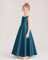 Teal Satin A-line Flower Girl Dress Side View