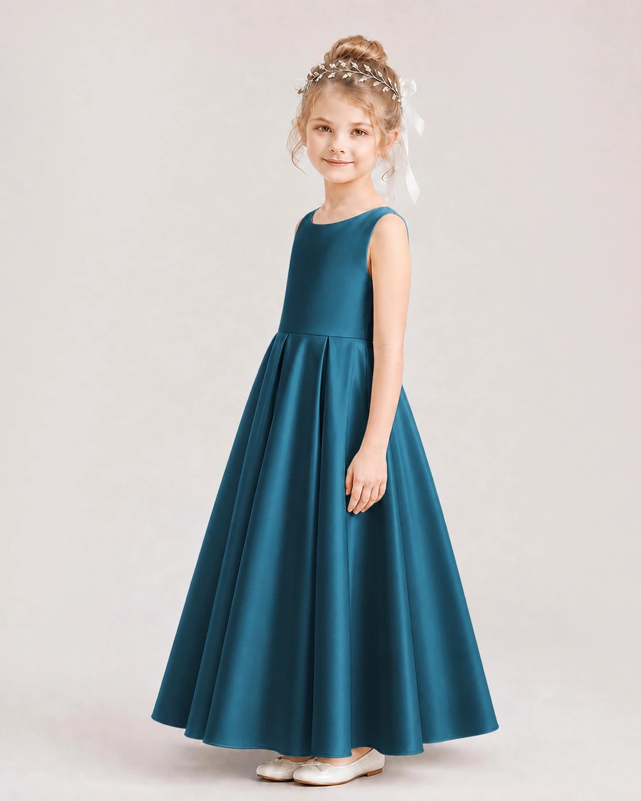 Teal Flower Girl Dress Deep V-Back Tie Detail Pleated Satin A-Line Floor-Length Gown Side Full View